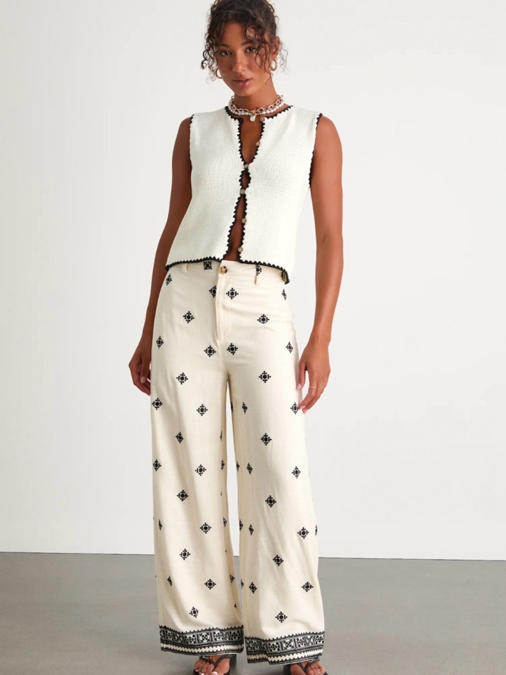 Wide-Leg Embroidered Cream Pants